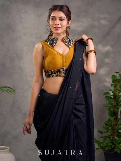 Chic Black Cotton Saree with All-over Sequins Embellishment