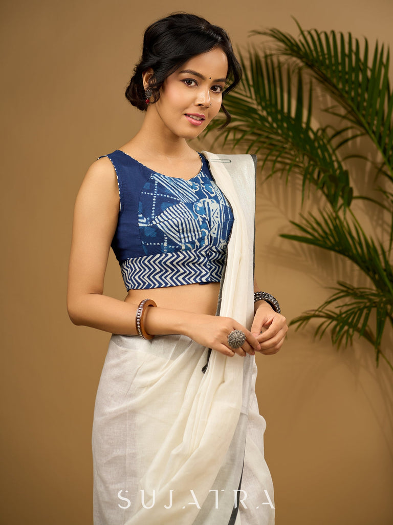 Unique indigo patchwork cotton sleeveless blouse.