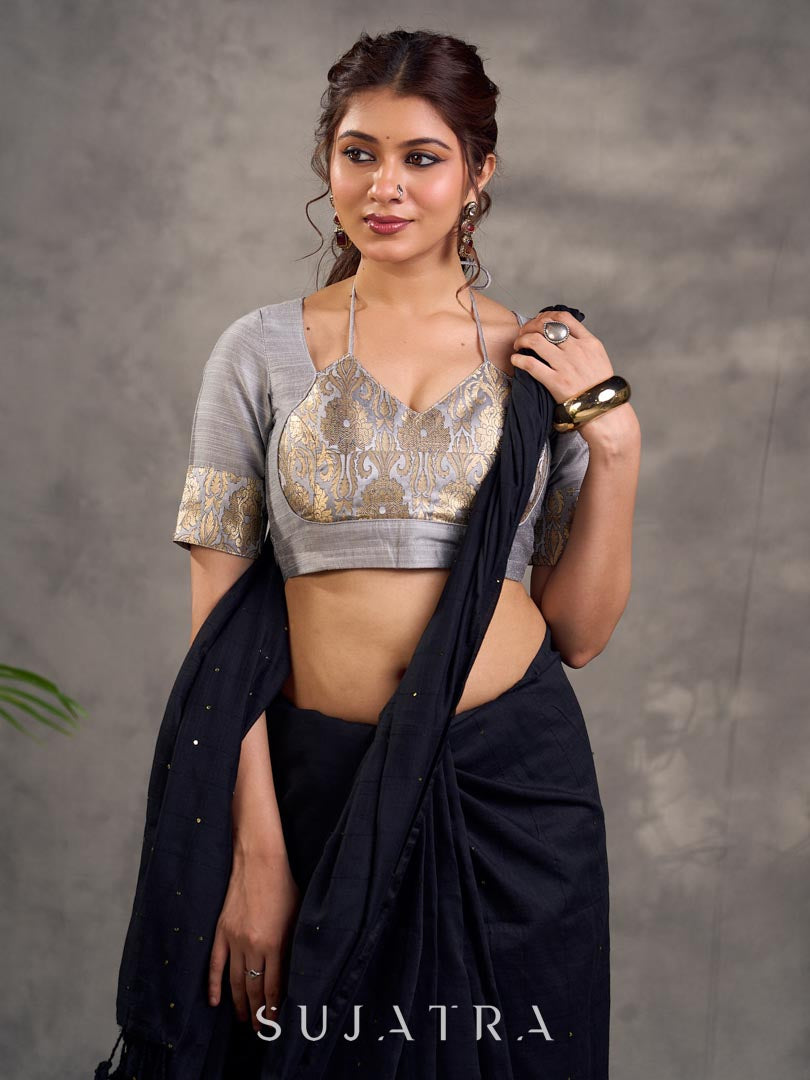 Grey Cotton Silk Blouse with Benarasi Brocade Panel and Sleeves