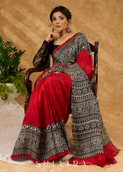 Timeless Maroon Pure Silk Intricate Hand Block Printed Saree