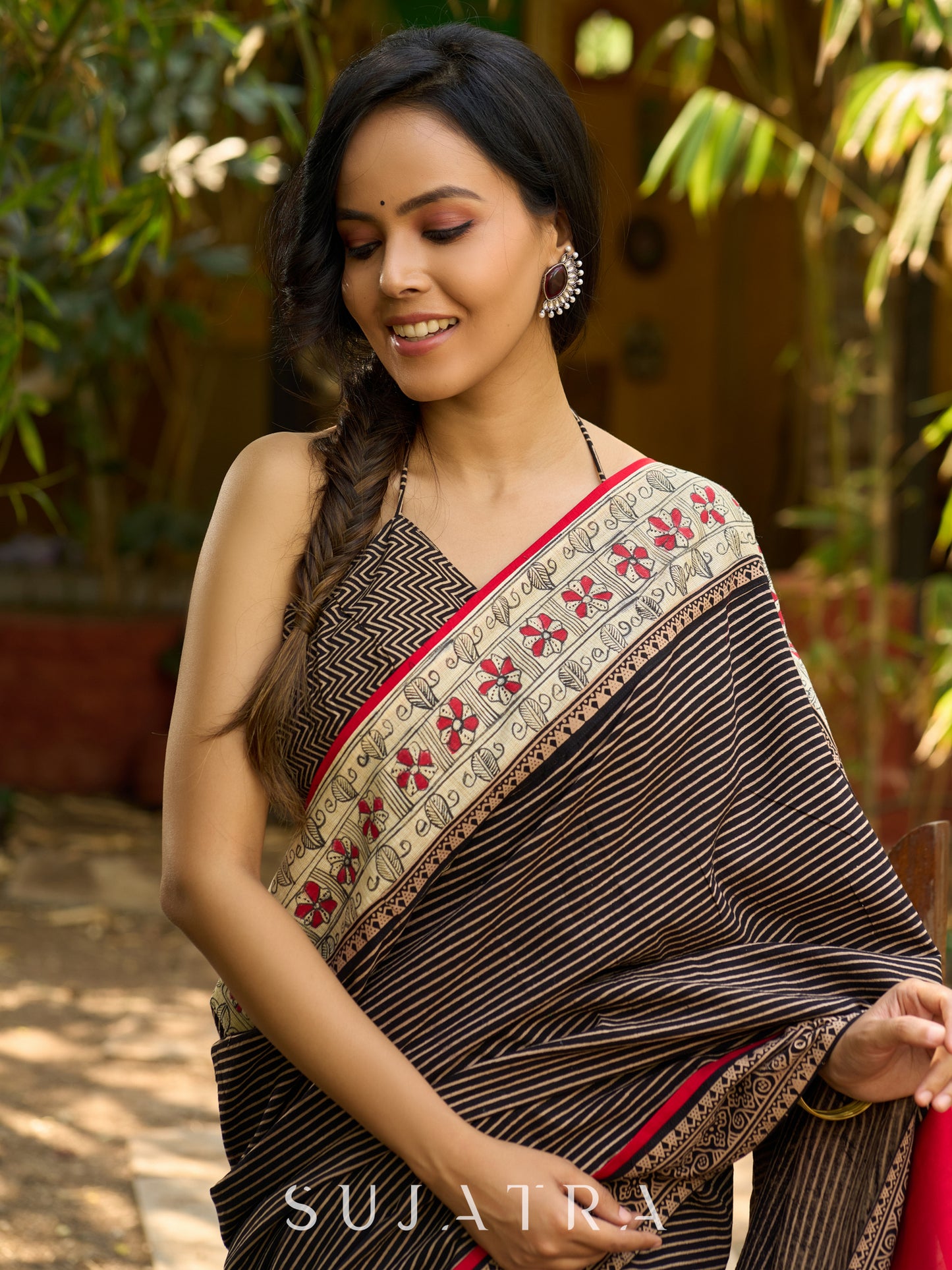 Striped Ajrakh & Madhubani hand painted combination exclusive fusion saree