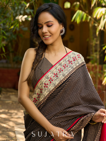 Striped Ajrakh & Madhubani hand painted combination exclusive fusion saree