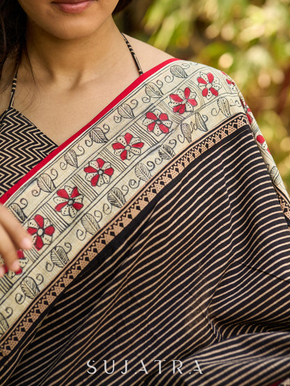 Striped Ajrakh & Madhubani hand painted combination exclusive fusion saree