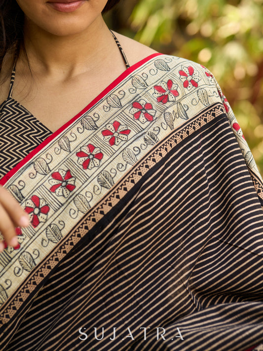 Striped Ajrakh & Madhubani hand painted combination exclusive fusion saree