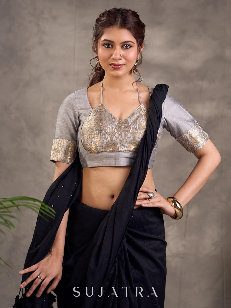 Grey Cotton Silk Blouse with Benarasi Brocade Panel and Sleeves