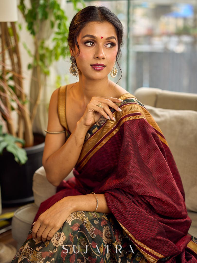 Timeless Dark Green Kalamkari Printed Chanderi Saree with Maroon Khun Pallu