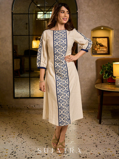 Elegant Ivory A-Line Cotton Dress with Geometric Hand Block Printed Panels & Side Slit Highlighted with Kantha