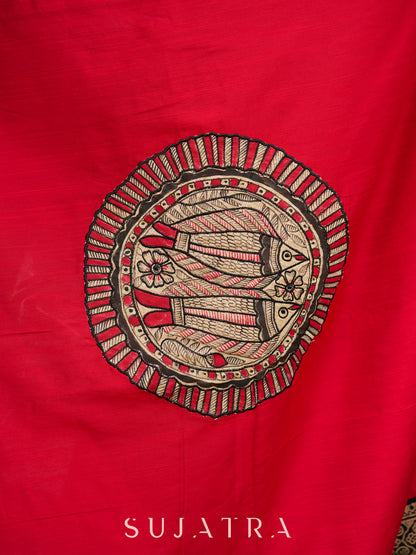 Striped Ajrakh & Madhubani hand painted combination exclusive fusion saree