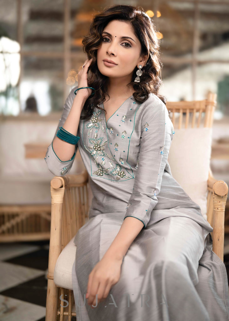 Elegant Grey Cotton Silk Pant & Kurta With Turquoise Embroidery On Yoke & Sleeves - Dupatta Optional