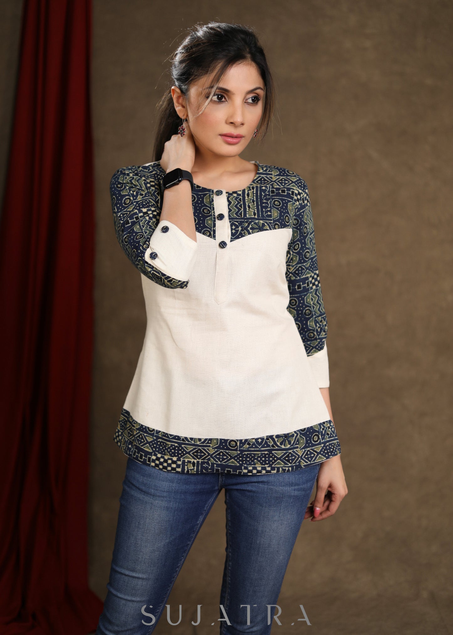 Off White Cotton Ajrakh Combination Top