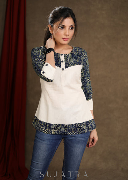 Off White Cotton Ajrakh Combination Top