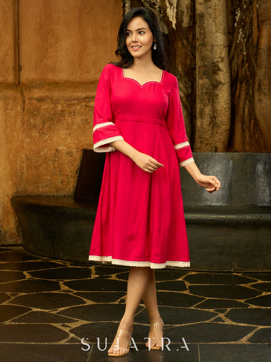 Fuchsia Flair Pleated Dress with Delicate Crochet Lace