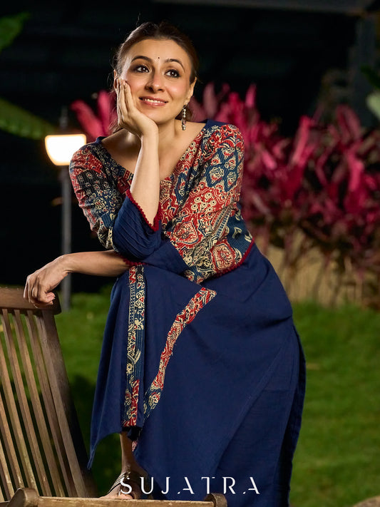 Handcrafted Navy Blue Cotton Kantha Embroidered Kurta