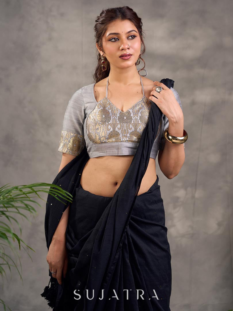 Grey Cotton Silk Blouse with Benarasi Brocade Panel and Sleeves