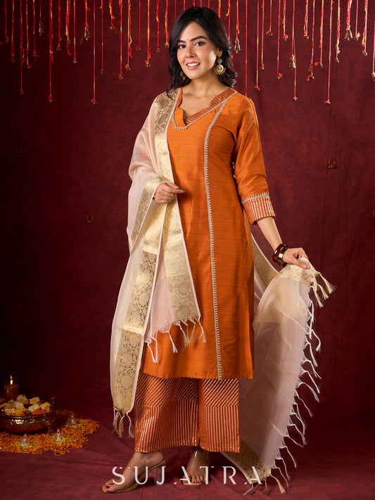 Deep Rust Cotton-Silk Panel Kurta with Subtle Brocade Accents
