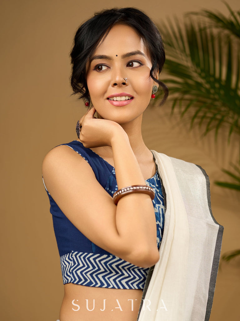 Unique indigo patchwork cotton sleeveless blouse.