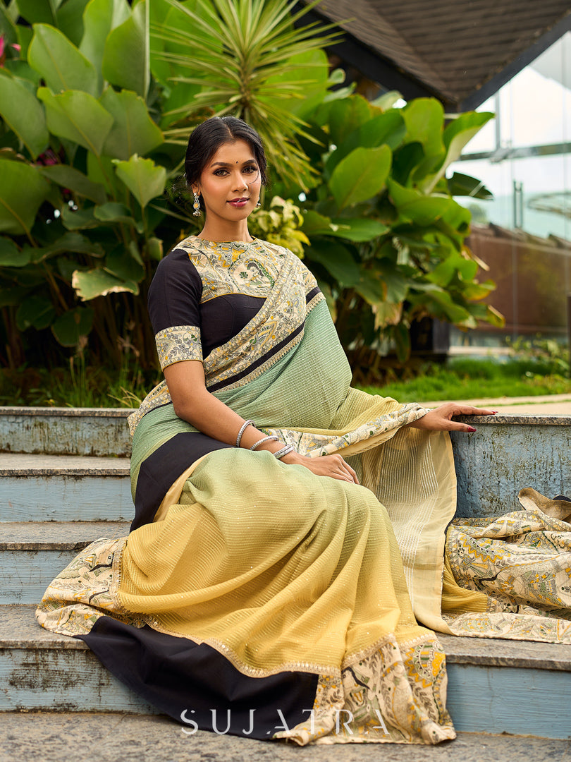 Vibrant Sage-Yellow Ombre Saree with Madhubani Print Border & Black Trim