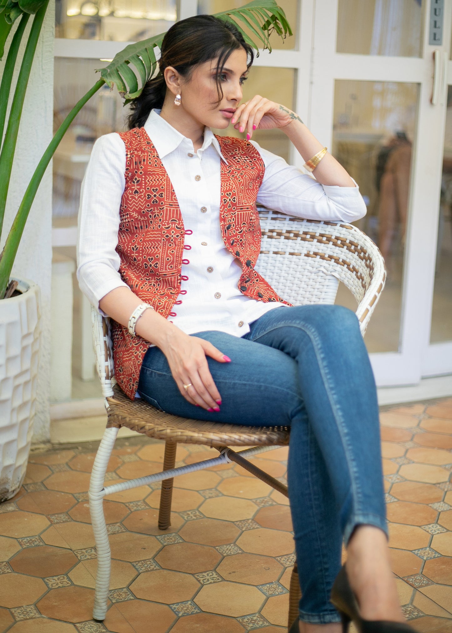 Classy White Cotton Shirt with Maroon Ajrakh Waist Coat