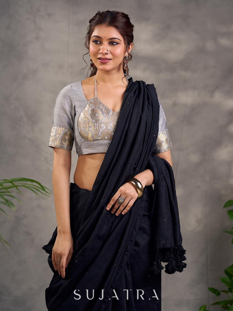 Bold Black Cotton Saree with All Over Embellishment