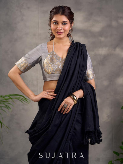 Bold Black Cotton Saree with All Over Embellishment