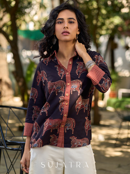 Artisan Black Ajrakh Cotton Shirt with Pichwai Animal Motifs and Highlighted Collar & Cuffs