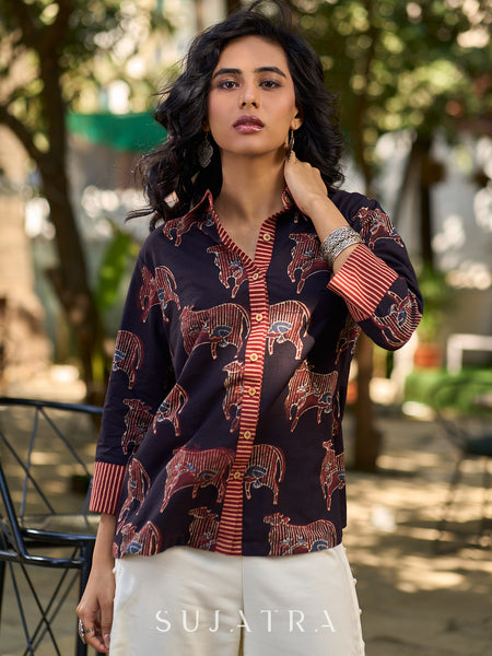 Artisan Black Ajrakh Cotton Shirt with Animal Motifs and Highlighted Collar & Cuffs