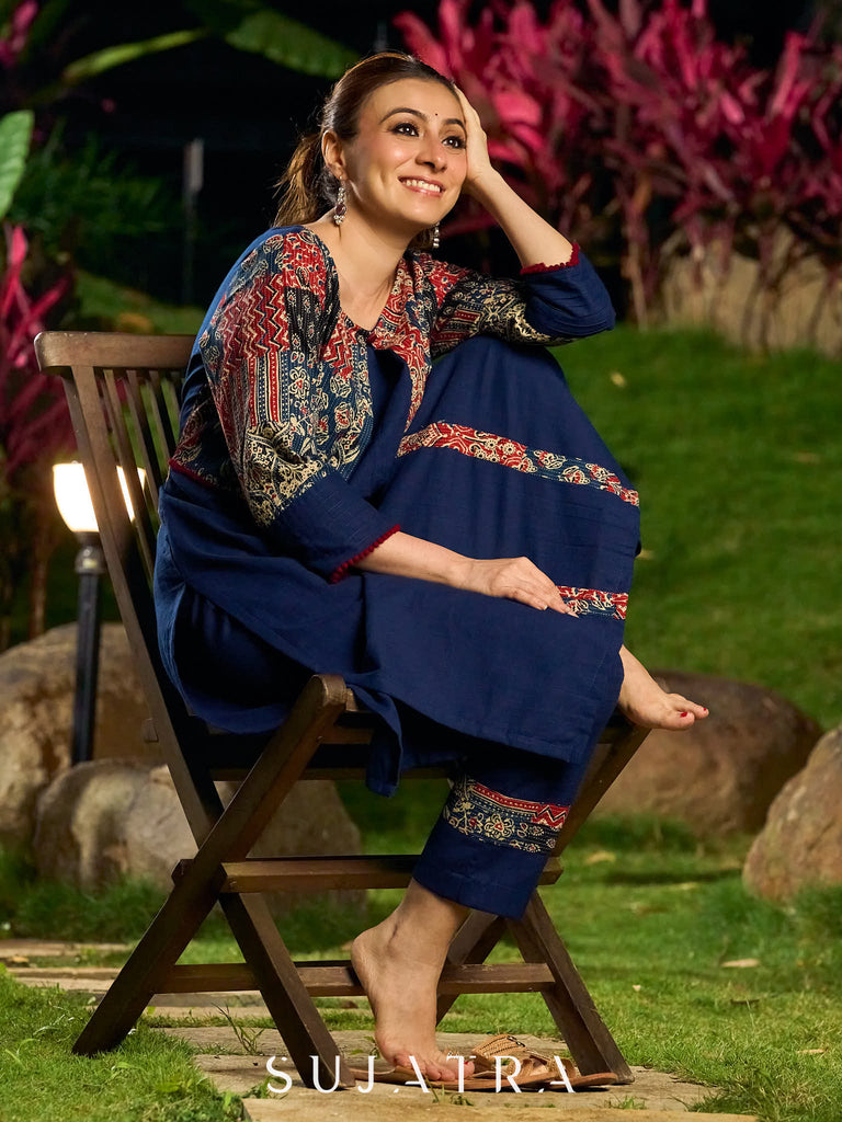 Handcrafted Navy Blue Cotton Kantha Embroidered Kurta