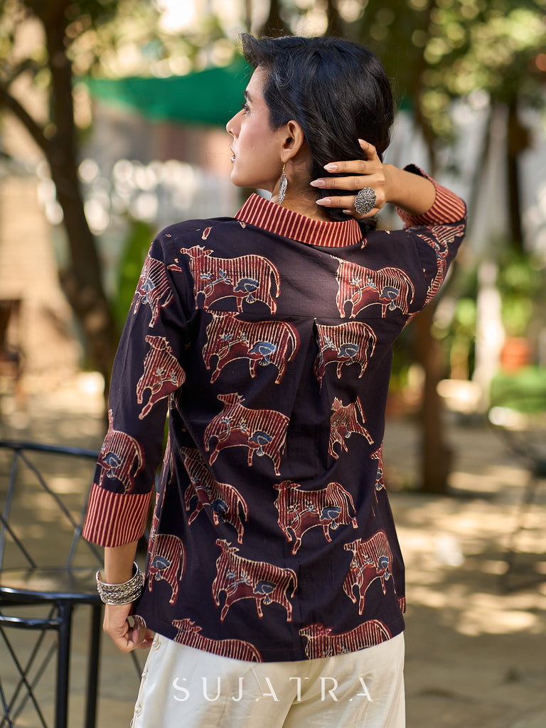 Artisan Black Ajrakh Cotton Shirt with Pichwai Animal Motifs and Highlighted Collar & Cuffs