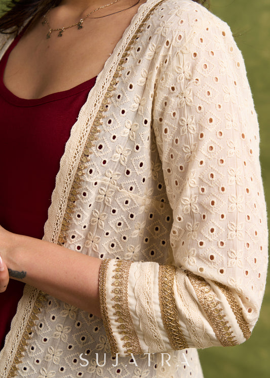 Beautiful Off  White  Hakoba Shrug With Lace Detailing For Effortless Style   Dress Optional