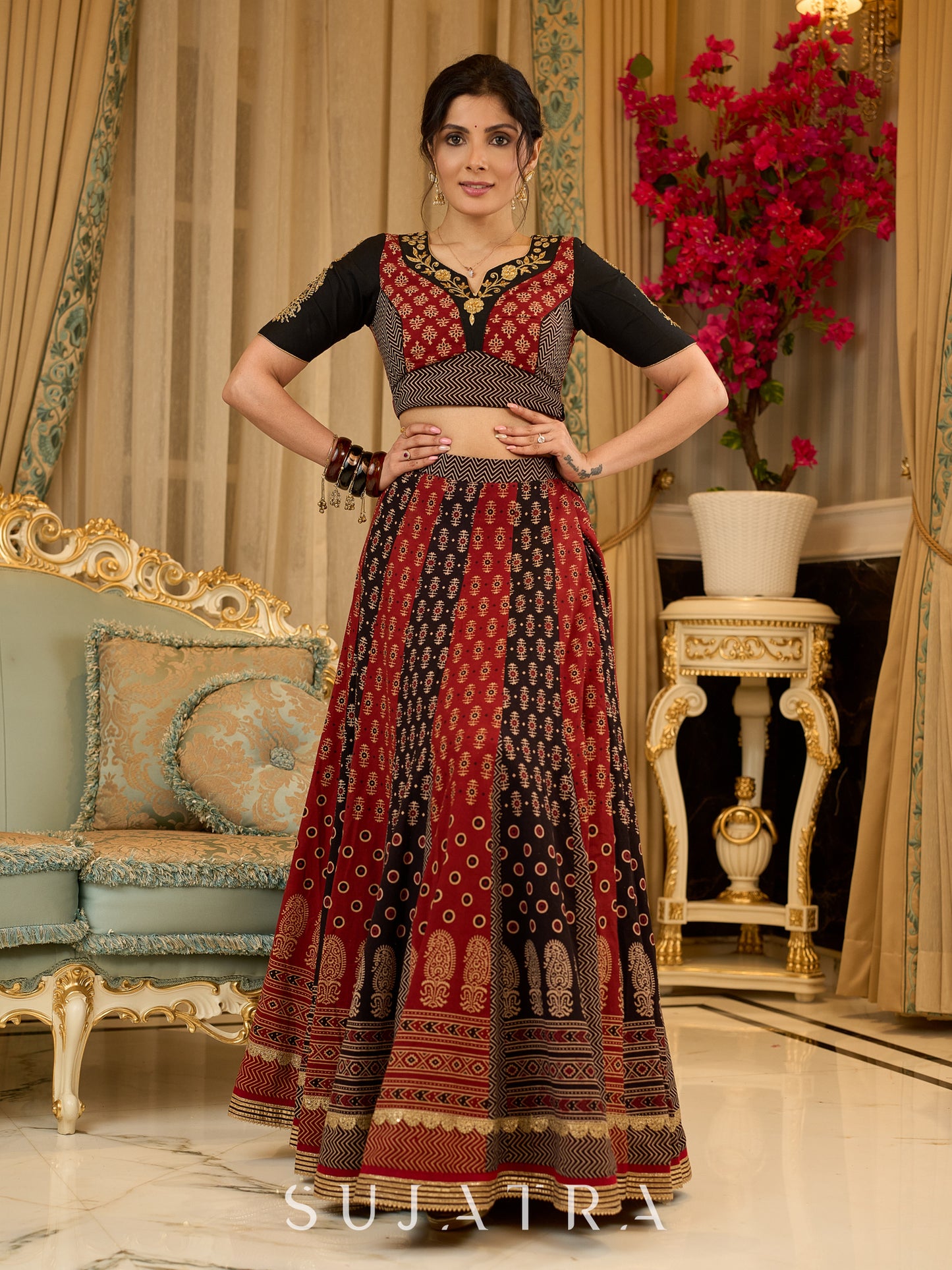 Handcrafted maroon & black Ajrakh print lehenga paired with an embroidered blouse for rich artisanal look - Dupatta Optional