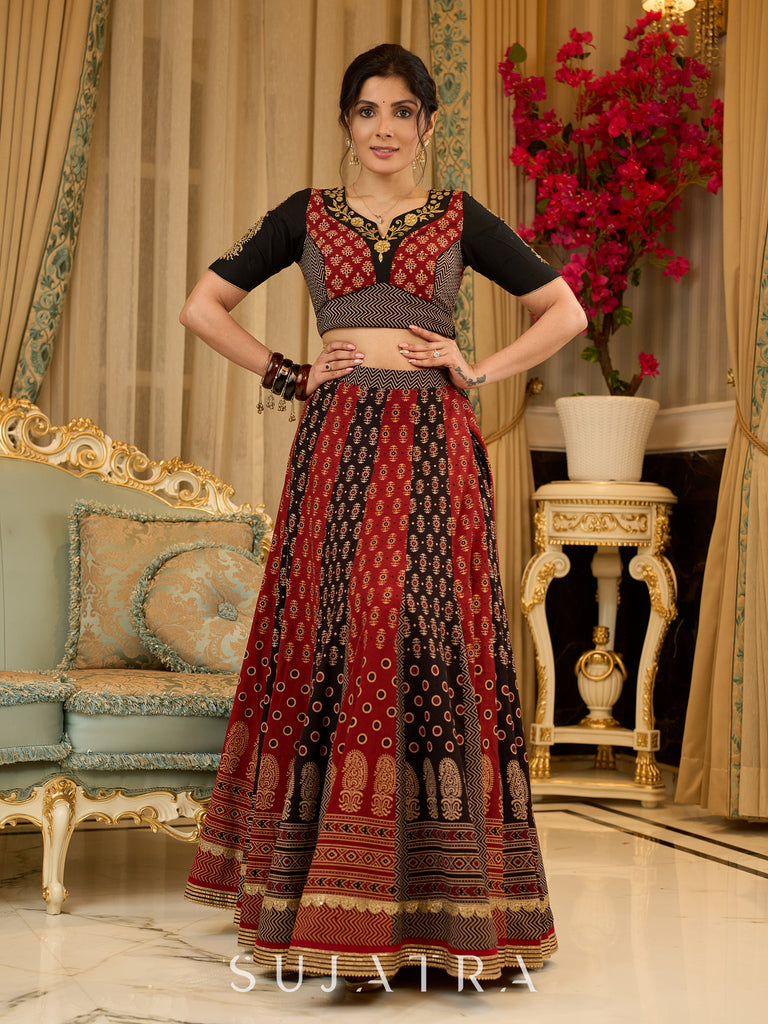Handcrafted maroon & black Ajrakh print lehenga paired with an embroidered blouse for rich artisanal look - Dupatta Optional