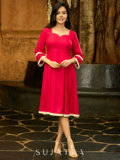 Fuchsia Flair Pleated Dress with Delicate Crochet Lace