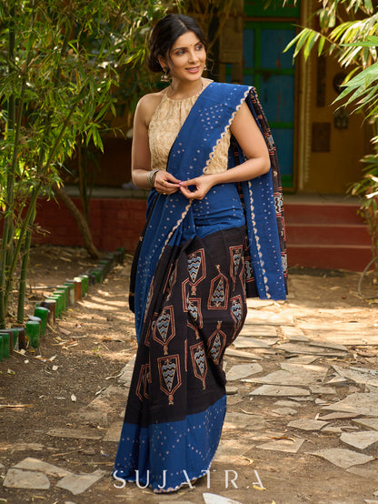 Blue Cotton Saree with Timeless Ajrakh and Bandhani Patterns