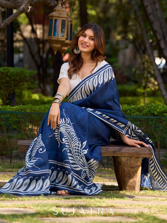 Artisan Blue Tussar Silk Saree with Bold Prints
