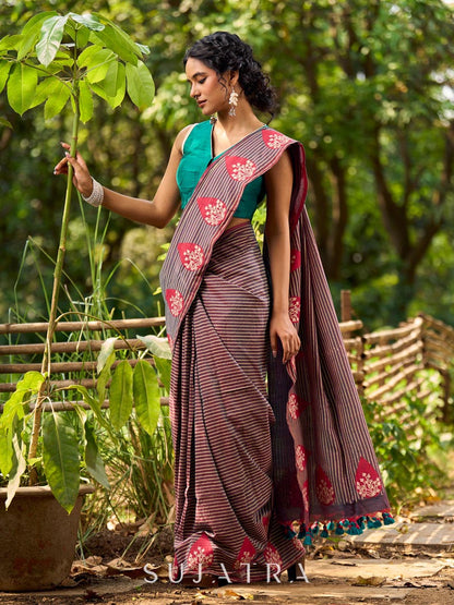 Contemporary Teal and Pink Striped Cotton Saree with Dual-Tone Effect and Hand Block Print Motifs