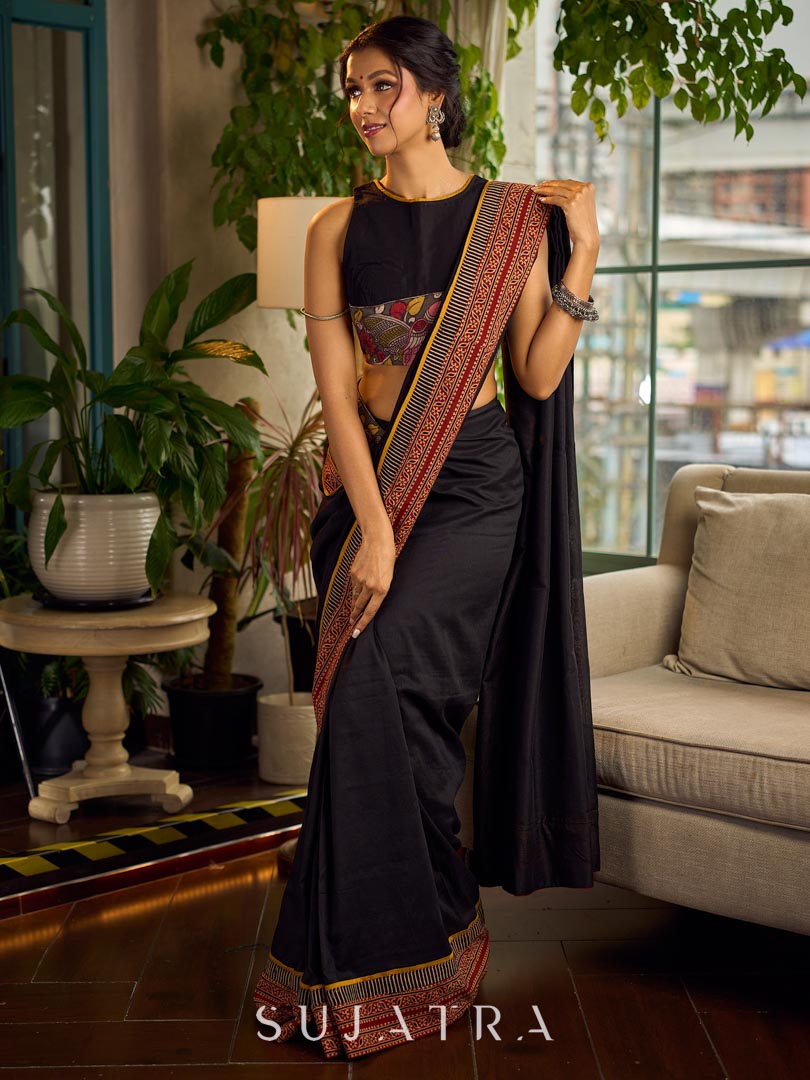 Elegant Black Cotton Saree with Ajrakh Print & Kalamkari Painted Border