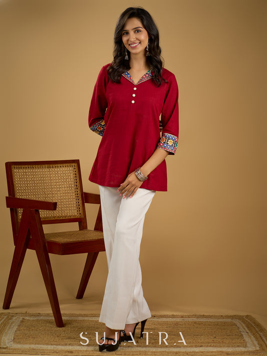 Cotton lapel collar top with stunning Madhubani hand-painted detail