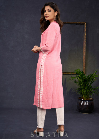 Beautiful-Blush-Pink-Straight-Cut-Kurta-Highlighted-With-Beautiful-Floral-Lace--Pant-Optional