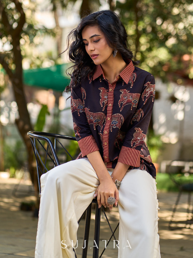 Artisan Black Ajrakh Cotton Shirt with Pichwai Animal Motifs and Highlighted Collar & Cuffs