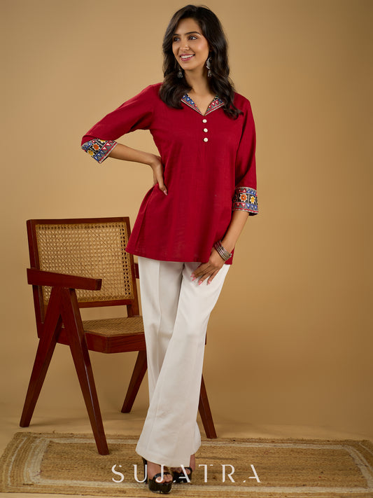 Cotton lapel collar top with stunning Madhubani hand-painted detail