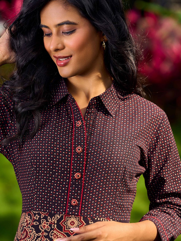Ajrakh Block Printed Cotton Panel Flared Shirt Dress with Collared Neckline