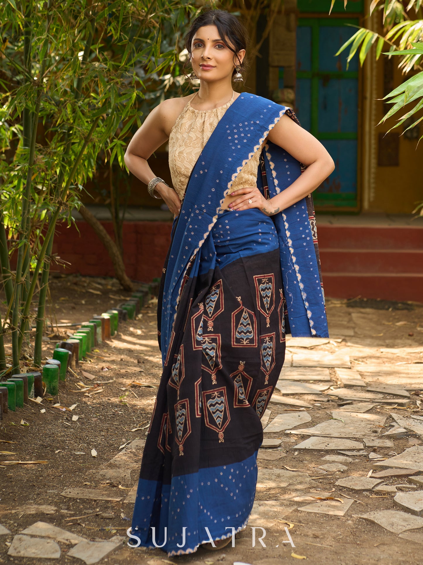 Blue Cotton Saree with Timeless Ajrakh and Bandhani Patterns
