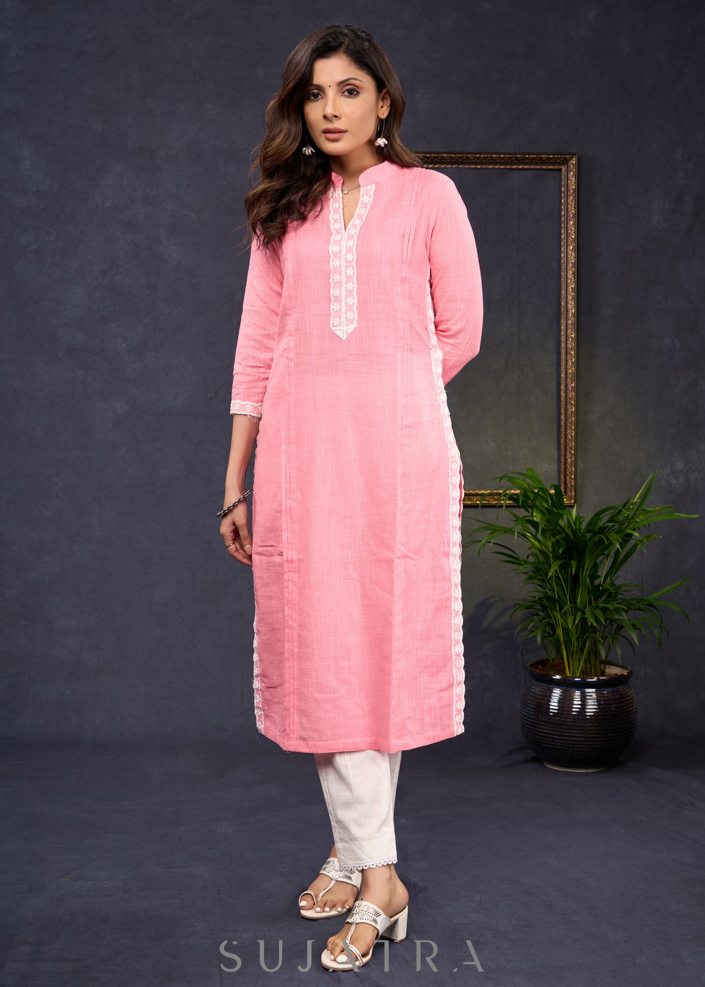 Beautiful-Blush-Pink-Straight-Cut-Kurta-Highlighted-With-Beautiful-Floral-Lace--Pant-Optional