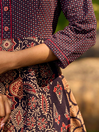 Ajrakh Block Printed Cotton Panel Flared Shirt Dress with Collared Neckline