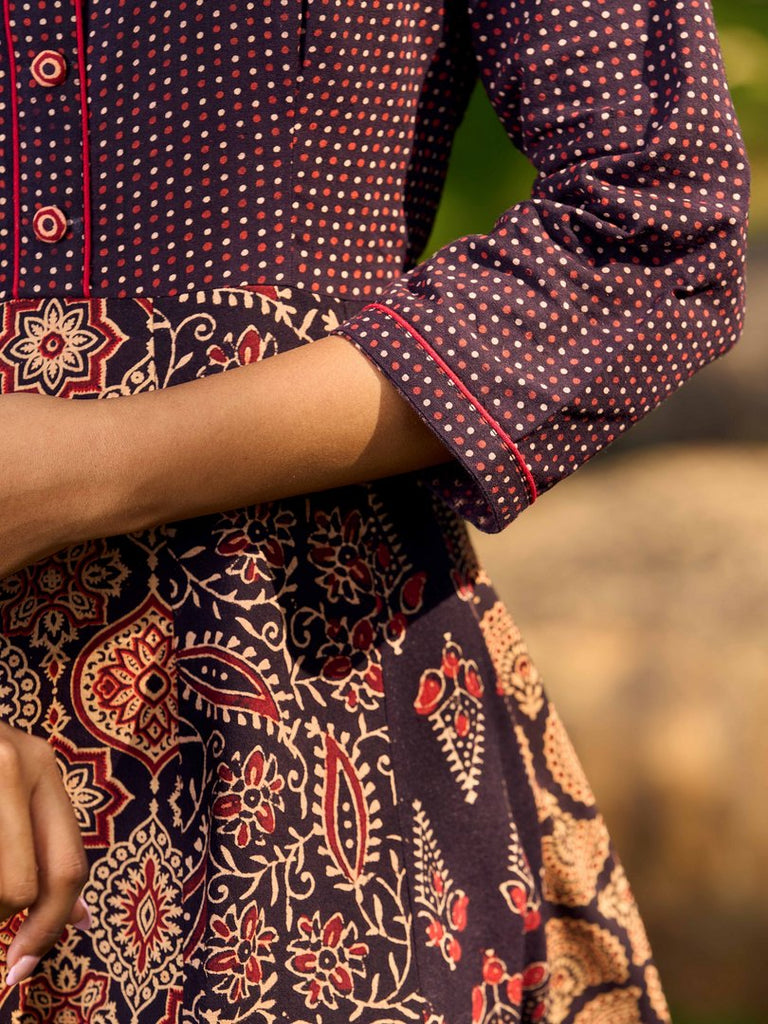 Ajrakh Block Printed Cotton Panel Flared Shirt Dress with Collared Neckline