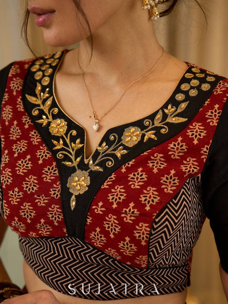 Handcrafted maroon & black Ajrakh print lehenga paired with an embroidered blouse for rich artisanal look - Dupatta Optional
