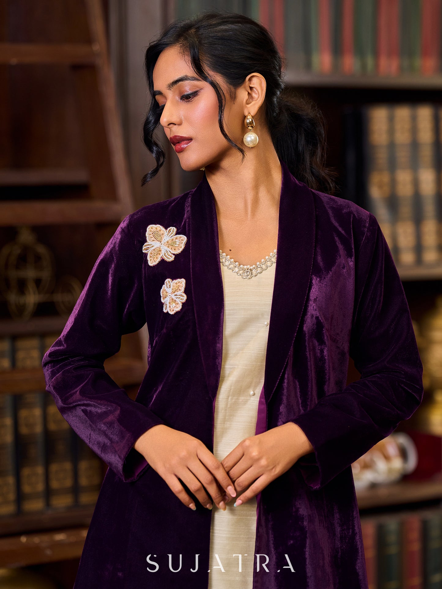 Royal Wine Velvet Jacket Adorned With Hand-Embroidered Flower Brooches - Cotton Silk dress optional