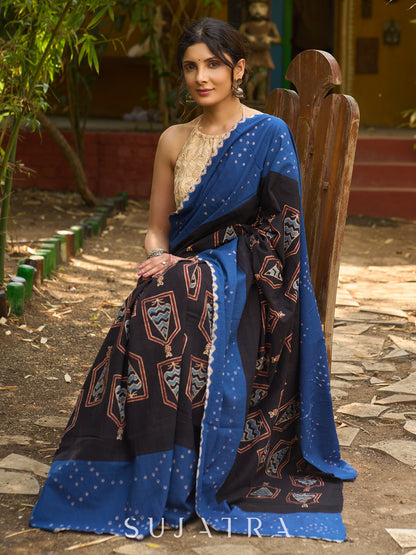 Blue Cotton Saree with Timeless Ajrakh and Bandhani Patterns