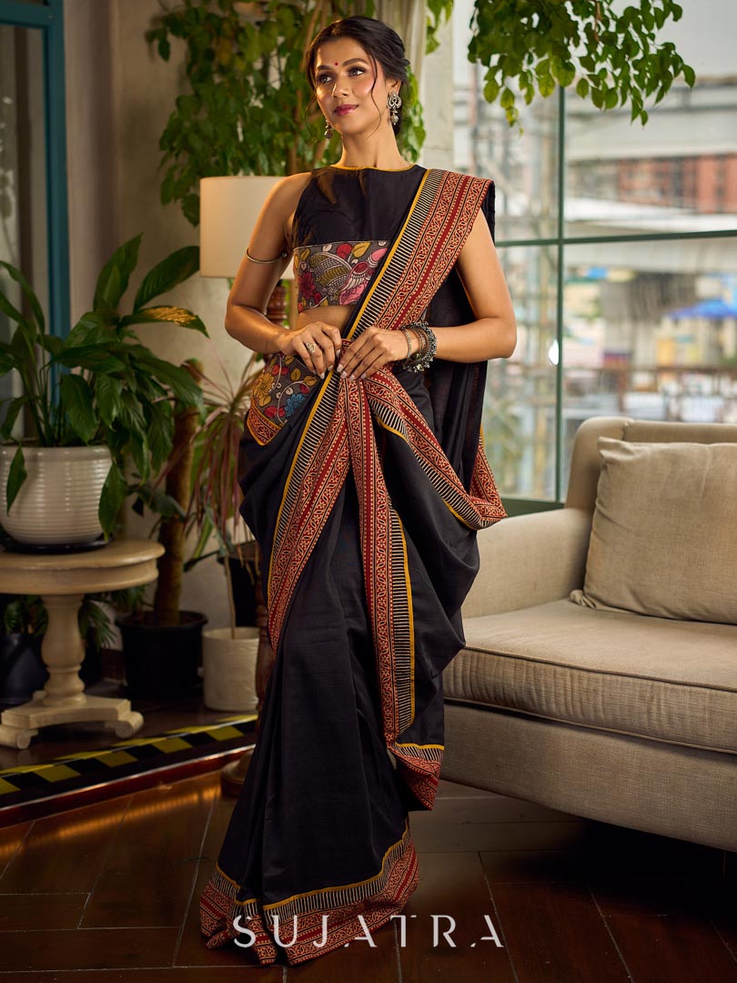 Elegant Black Cotton Saree with Ajrakh Print & Kalamkari Painted Border