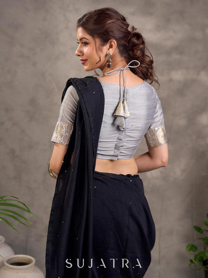 Grey Cotton Silk Blouse with Benarasi Brocade Panel and Sleeves
